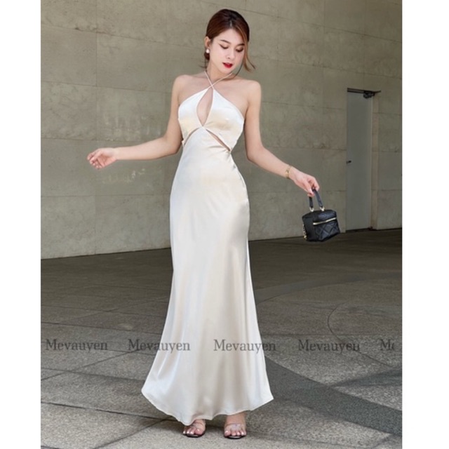 Đầm lụa cut-out lưng đan dây Mevauyen
