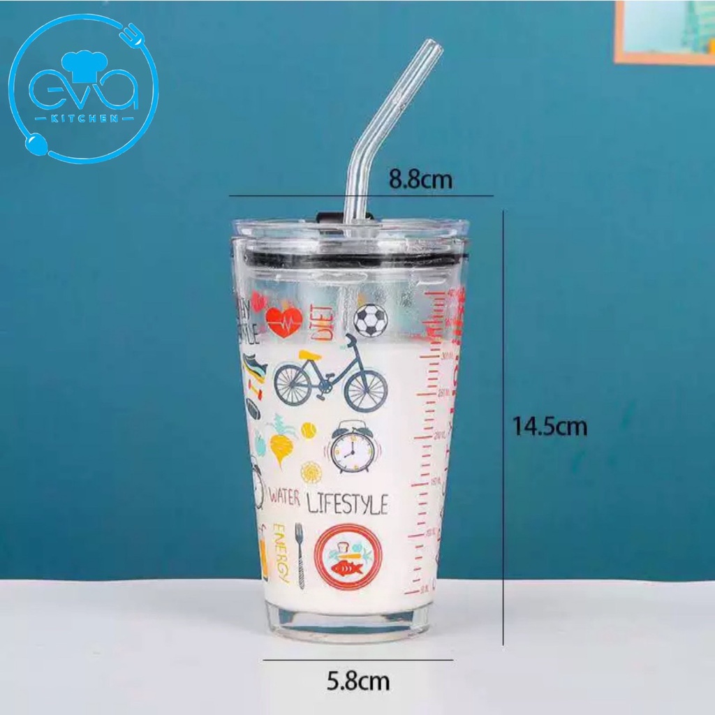 Cốc Thuỷ Tinh / Ly Thuỷ Tinh Uống Nước In Hình Dễ Thương Có Nắp Đậy Và Ống Hút Thuỷ Tinh Cao Cấp M2682