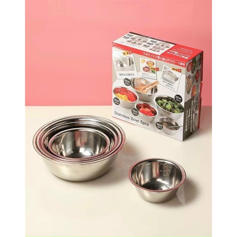 Bộ 5 Thau Chậu Inox Không Gỉ Có Chia Vạch Xuất Nhật Cao Cấp Siêu Bền