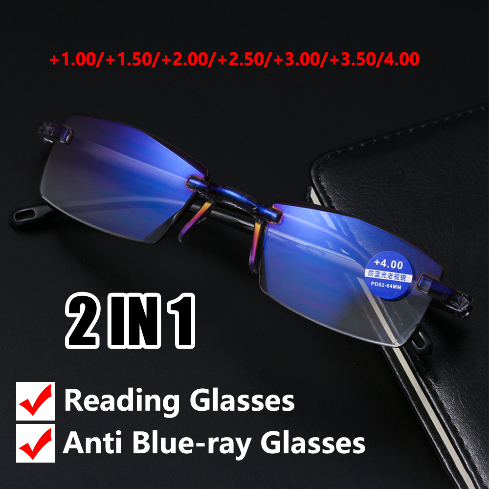 EMILEE💋 +1.0-+4.0 Degree Anti Blue-ray Ultralight Radiation Protection Reading Glasses Computer Goggles Rimless Diamond-cut Unisex Gaming Presbyopia Eyewear/Multicolor