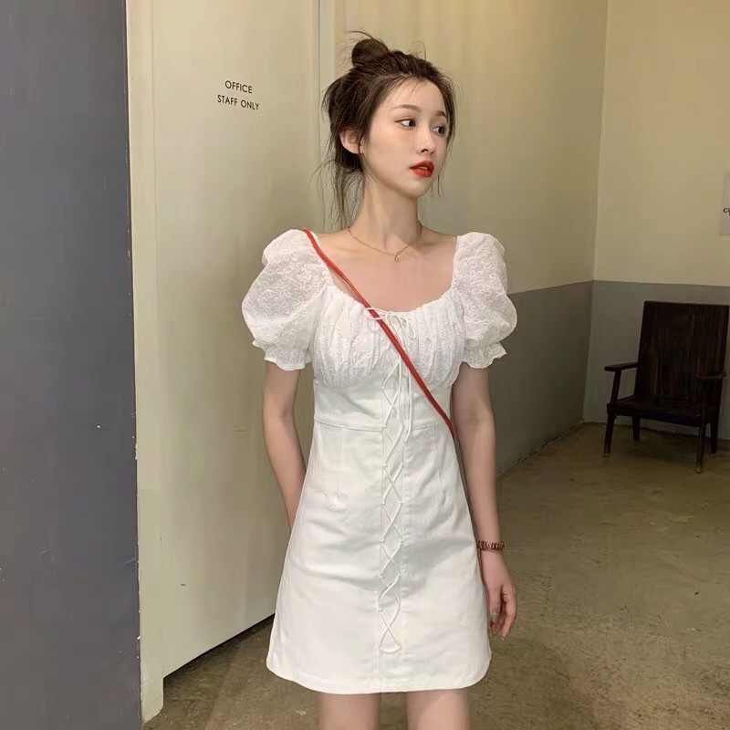 Đầm nữ trắng suông 💋dáng chữ A cổ vuông 💋thắt dây phong cách Hàn Quốc AH1014