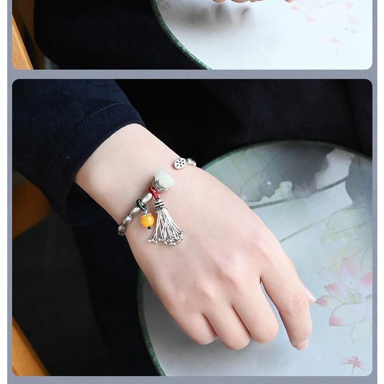 Vòng Tay Bạc Nguyên Chất Kiểu Tua Rua Phong Cách retro Cho Nữ