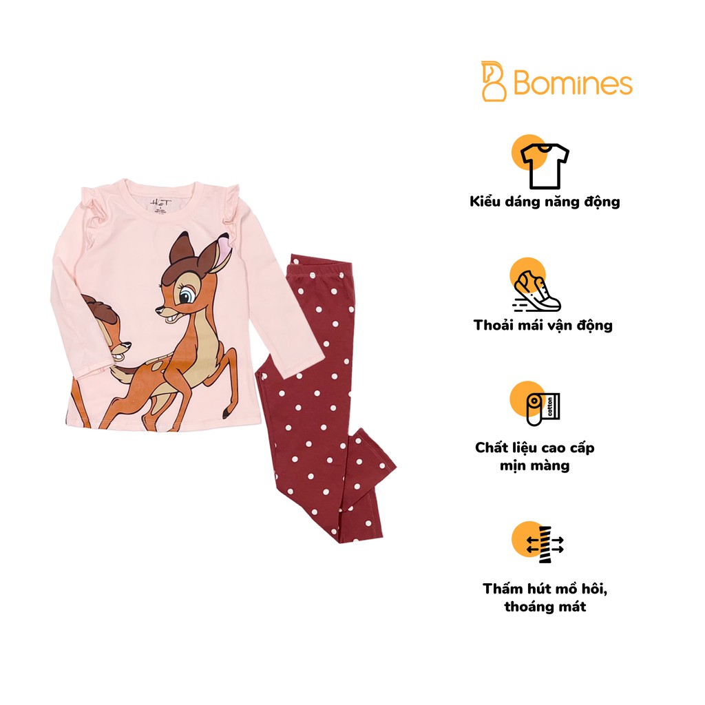 Đồ bộ tay dài bé gái hình nai Bambi chất cotton 4 chiều hãng Bomines