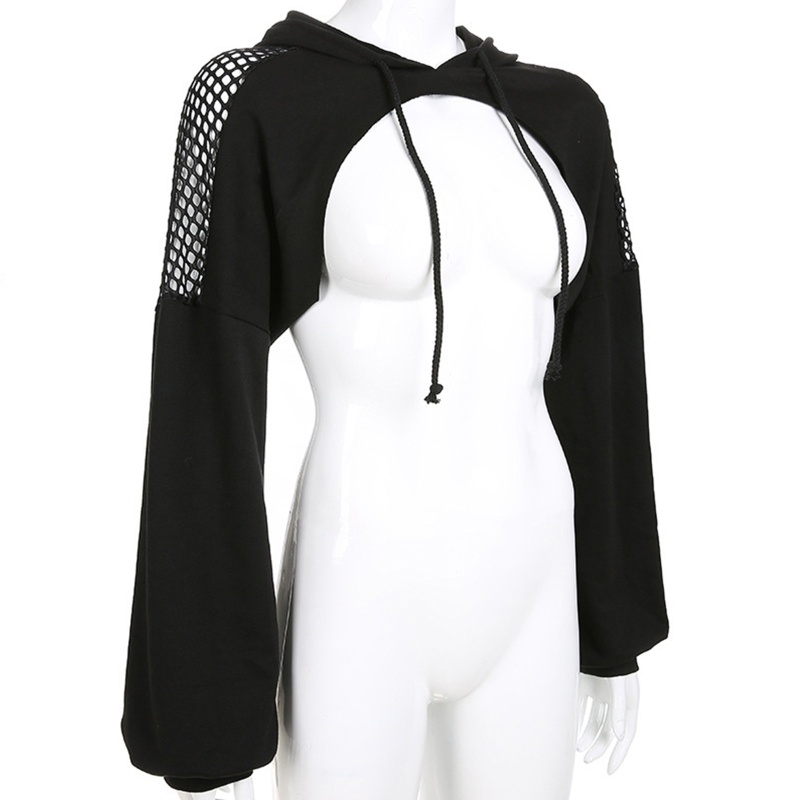 Xiangbao Áo Hoodie Croptop Lưới Tay Dài Cắt Xẻ Phối Màu Tương Phản Có Dây Rút Cho Nữ