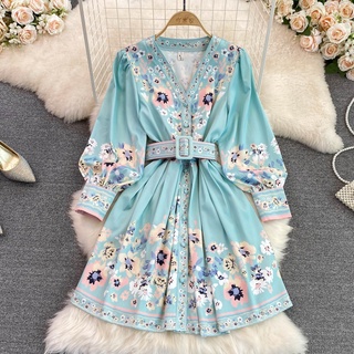 #1195 [Order] Đầm dài tay màu xanh họa tiết dáng cổ chữ V kèm thắt lưng