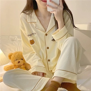 Set bộ pijama cotton dài thêu gấu