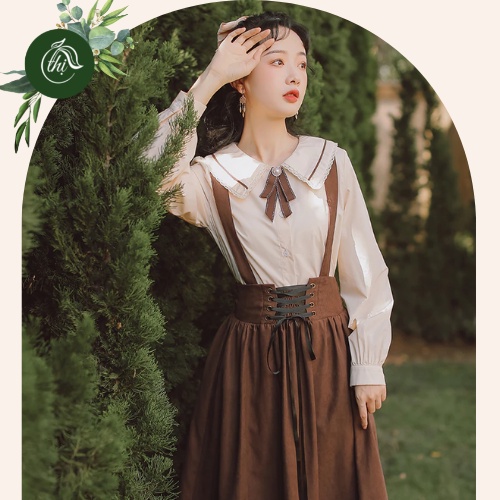 (Hàng Order không có sẵn) Áo sơ mi cổ sen, thắt nơ, tay phồng kèm chân váy vintage, phong cách cổ điển, chất liệu dày