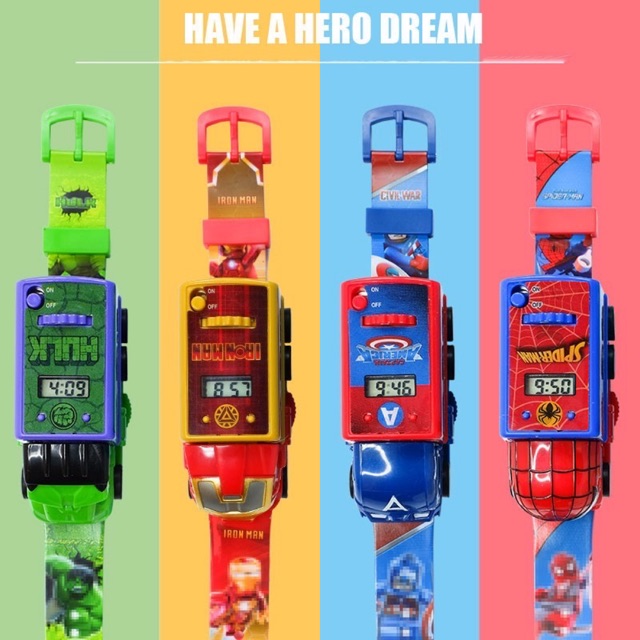 ĐỒNG HỒ ĐỒ CHƠI XE SIÊU NHÂN CHO BÉ , SPIDERMAN, CAPTAIN, HULK, KHỔNG LỒ XANH , IRONMAN