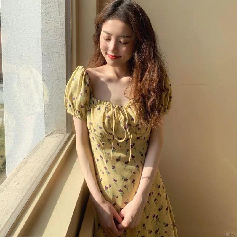 Đầm Tay Ngắn Cổ Vuông Họa Tiết Hoa Xinh Xắn Phong Cách Retro Hàn Quốc