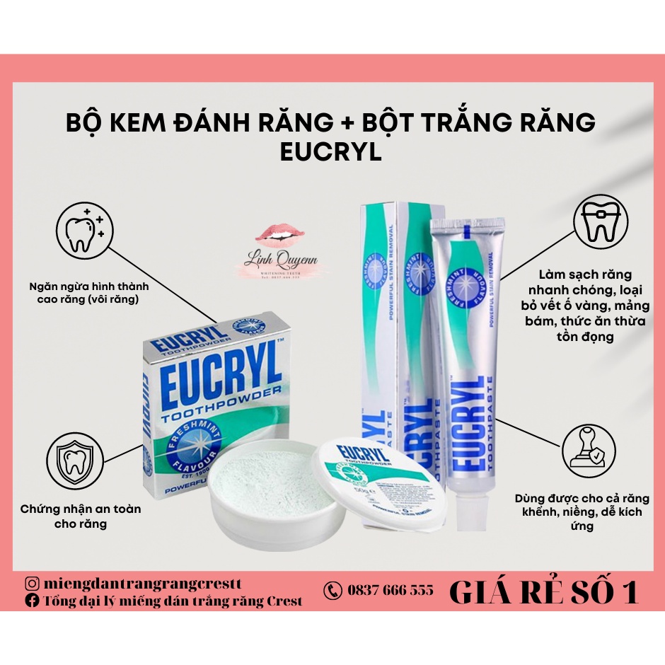 Combo Bột Tẩy Trắng Răng Eucryl Tooth Powder 50g và Kem đánh trắng răng Eucryl - HSD 2024- KÈM GIẤY PHÂN PHỐI CHÍNH HÃNG