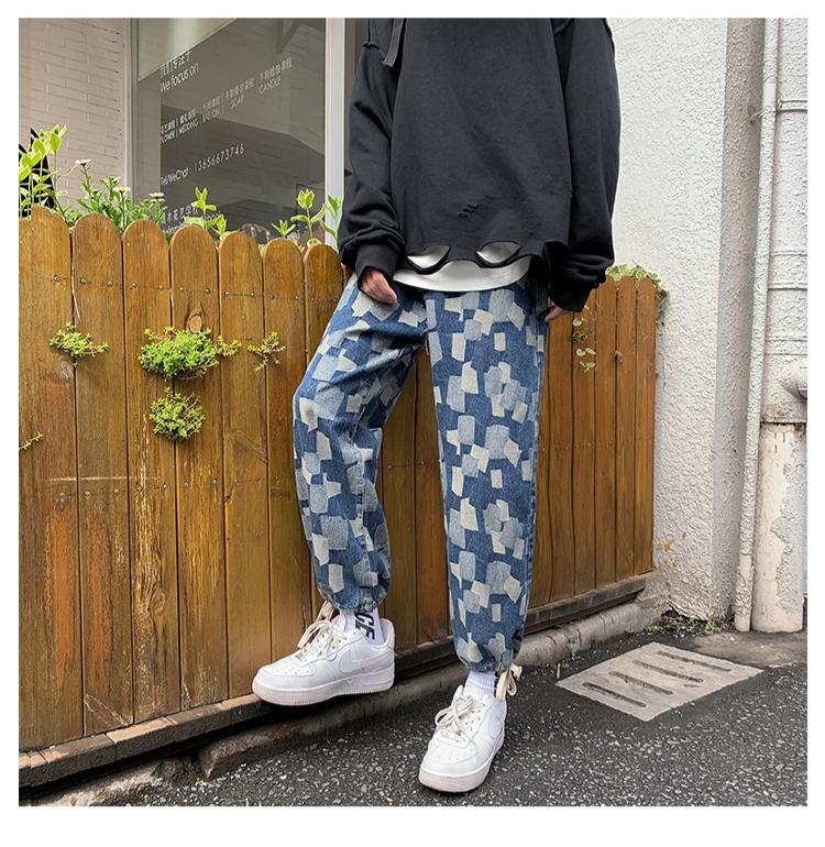 Plaid Jeans for Men - Korean Version of the Capri-Pants Loose-Fit Straight-Cut Wide-Leg Pants M-2XL