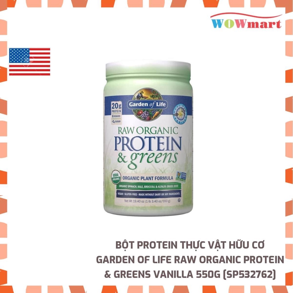 Bột Protein thực vật hữu cơ Garden Of Life Raw Organic Protein &amp; Greens Vanilla 550g