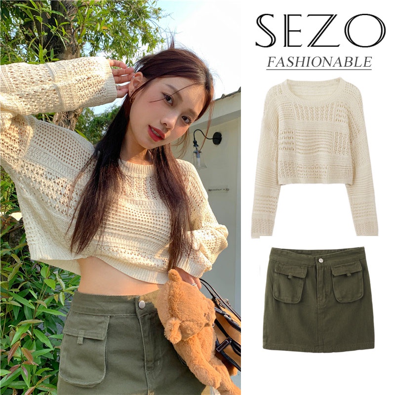 QKOOLE Áo croptop  dệt kim tay dài cổ tròn phong cách cổ điển Hàn Quốc cho nữ