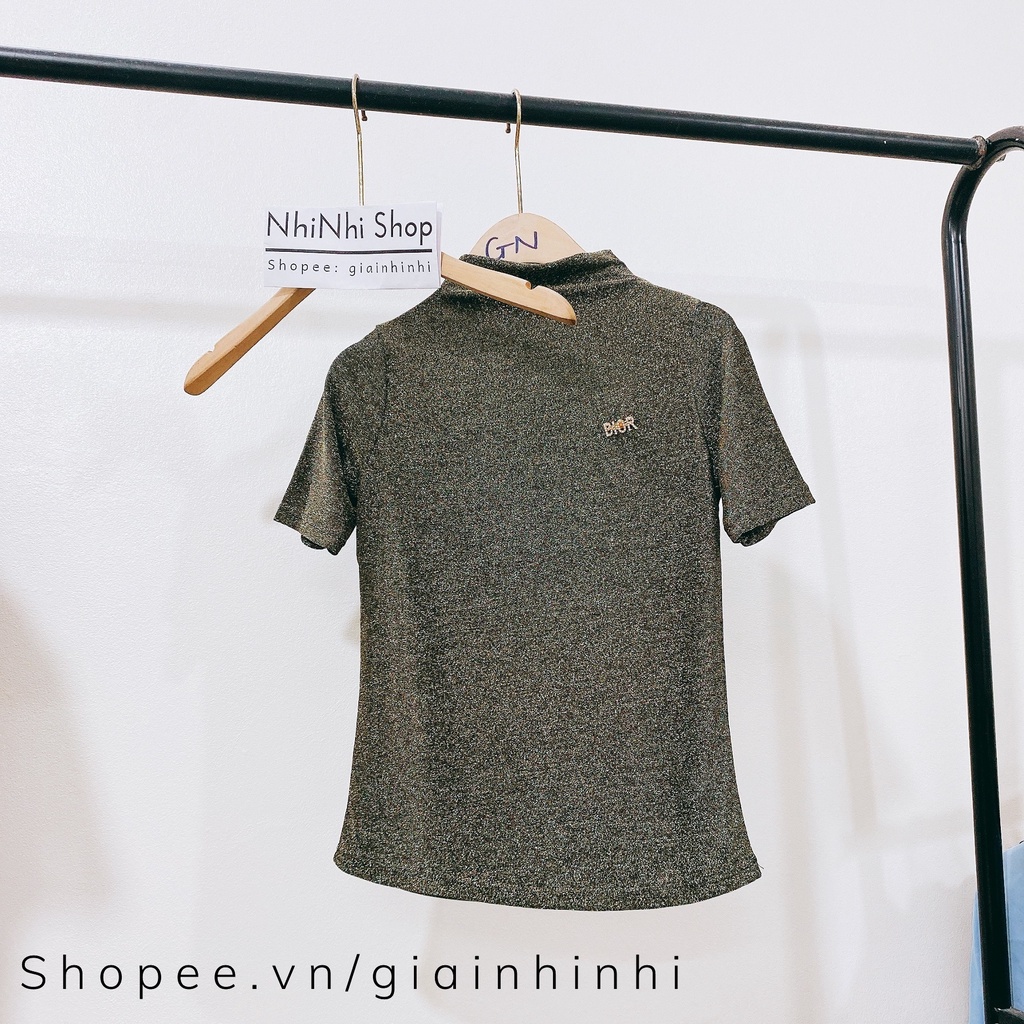 Áo nhũ trơn cổ cao 3P dáng ôm ngắn tay, Áo kiểu cổ leo tag cài rời AN5210 - NhiNhi Shop