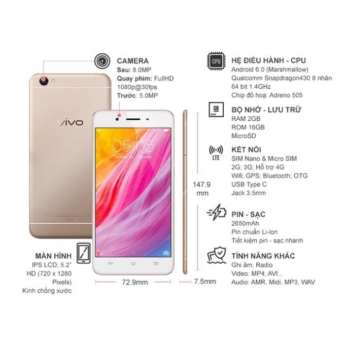 Điện thoại Vivo Y55 Mới  Ram 2GB/16GB Chơi Zalo, chơi Liên Quân ,FB,Titok.. Bảo hành 6 Tháng MSP 021