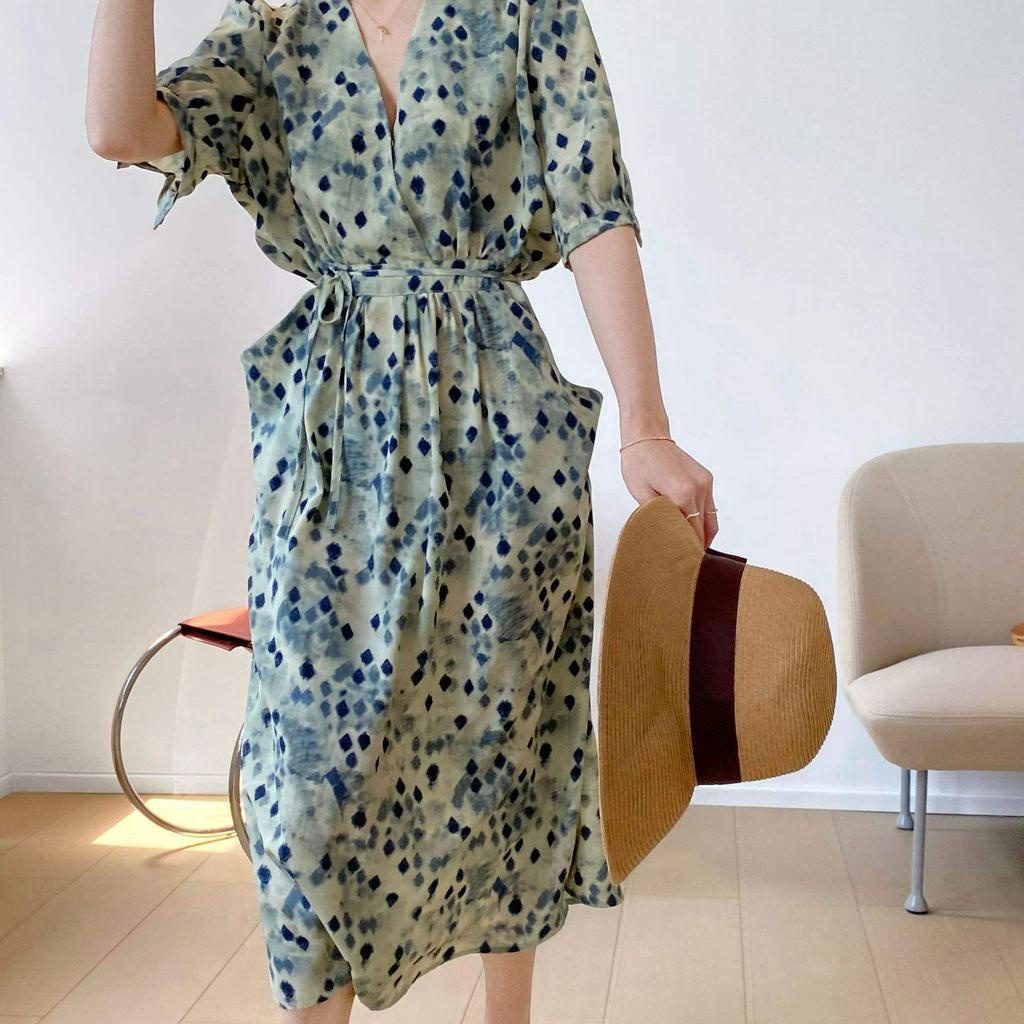 Đầm Hoa Tay Ngắn Cổ Chữ V Thời Trang Hè  Cho Nữ