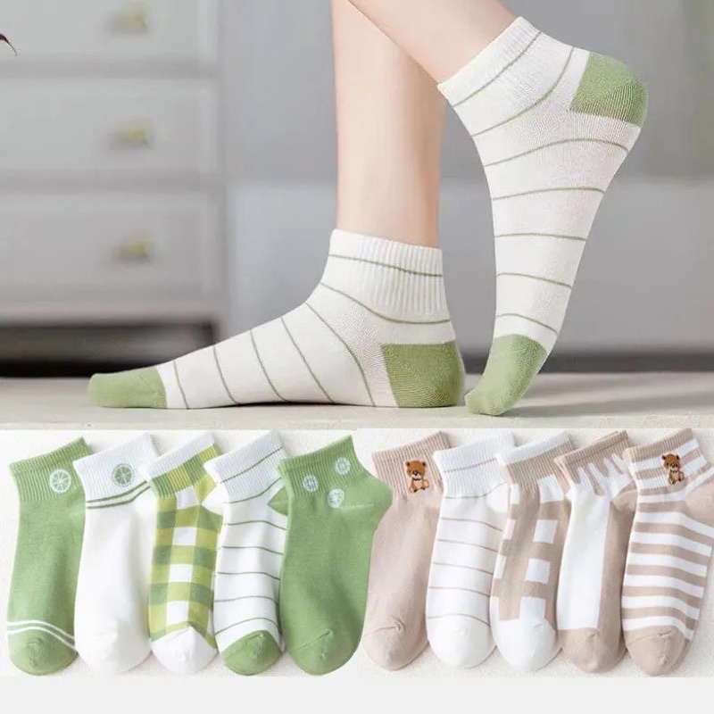 Tất cổ cao, vớ cổ ngắn nữ họa tiết quả chanh màu xanh chất cotton phong cách Hàn Quốc
