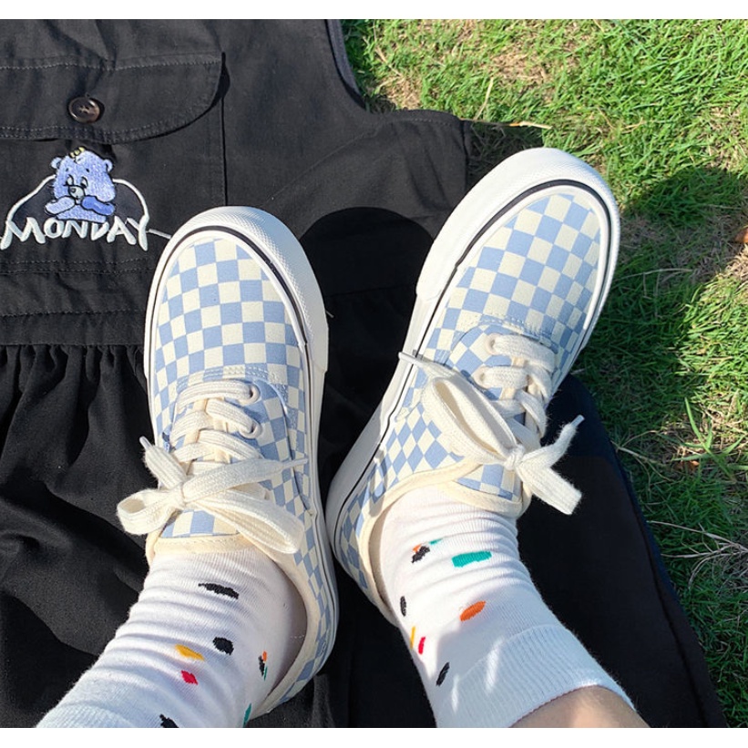 Giày Vải Canvas Kẻ Sọc Caro Màu Xanh Dương Phong Cách Hồng Kông Thời Trang Xuân Thu 2022 Cho Nữ