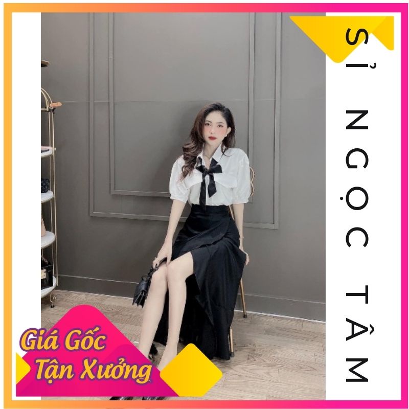 Set áo sơ mi trắng ❤️ ❤️ ❤️ cổ nơ mix chân váy đen xoè tầng - Sỉ Ngọc Tâm