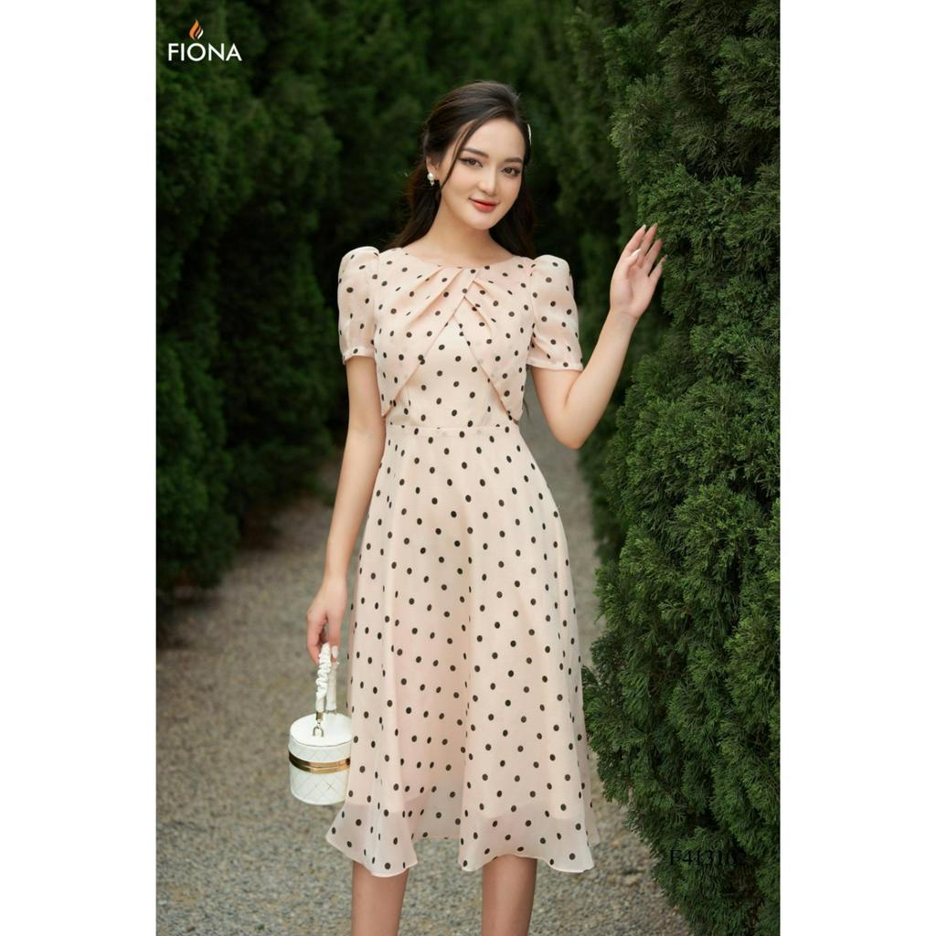 Đầm thiết kế cao cấp FIONA váy công sở nữ dáng dài họa tiết chấm bi cổ tròn trẻ trung F413102