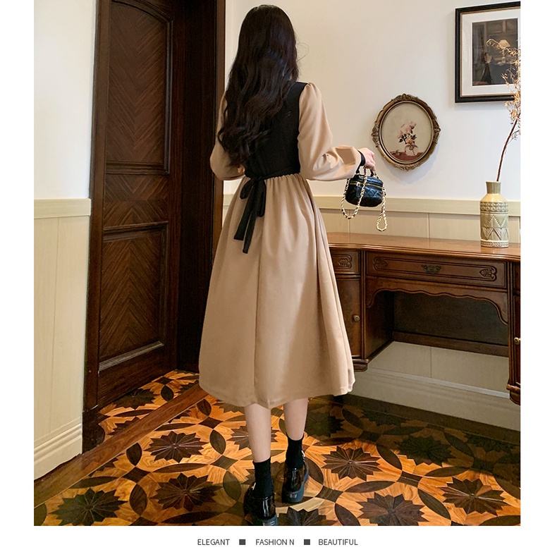 Đầm Cổ Chữ V Thắt Nơ Màu Sắc Tương Phản Thời Trang Mùa Thu Cho Nữ
