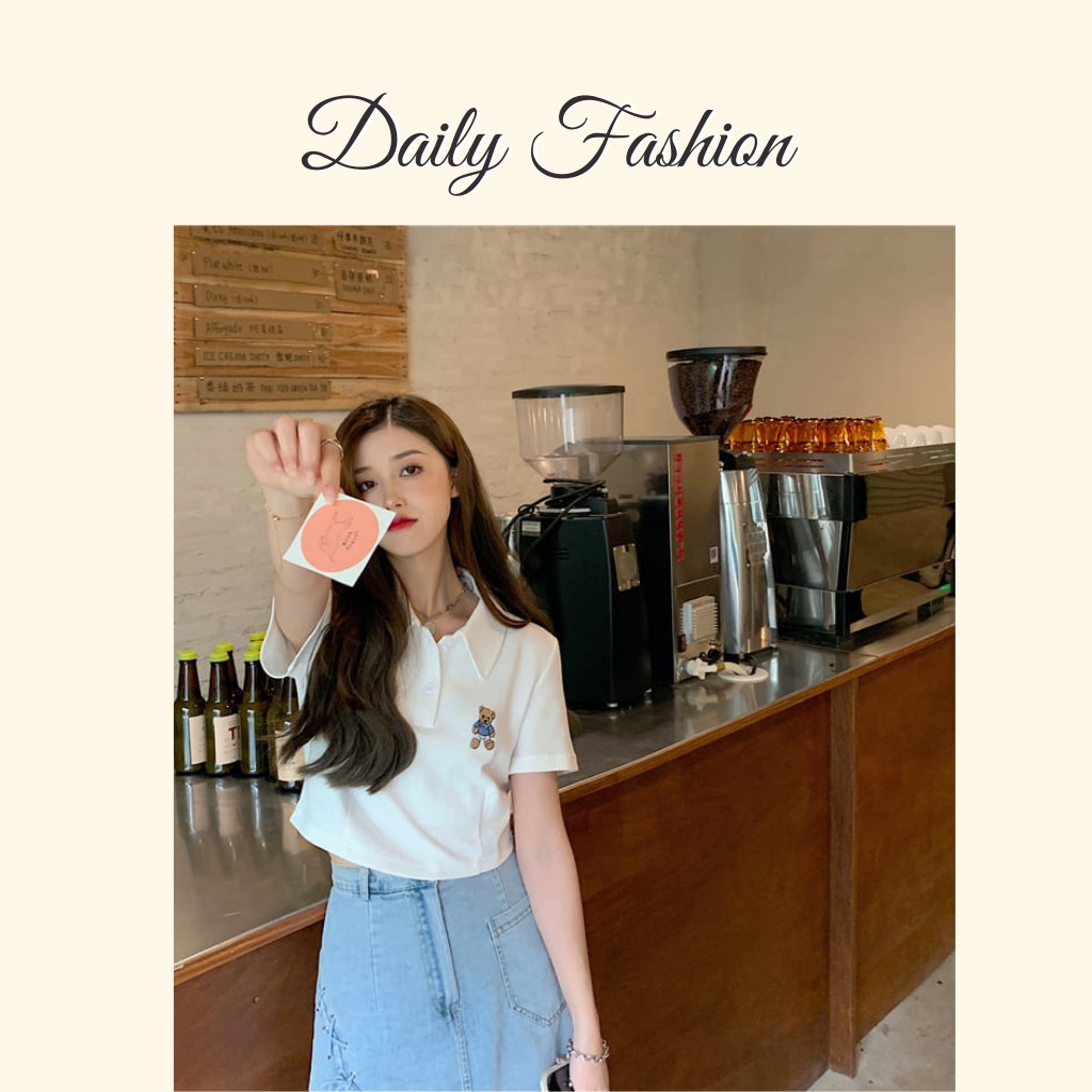 Áo polo thêu gấu - Áo thun nữ croptop thêu gấu ngắn tay màu trắng hottrend | BigBuy360 - bigbuy360.vn