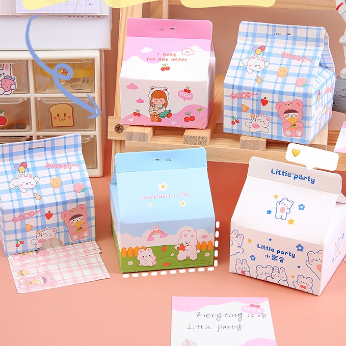 Giấy Note Pad Rút Hộp Sữa Milk Box Hoa Văn Caro và Trái Cây