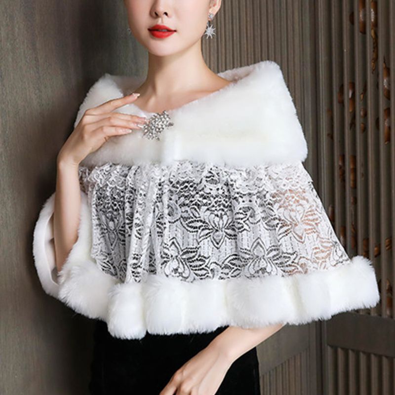 Áo choàng ren vải lông ấm áp thời trang mùa đông trang trí váy cưới dành cho cô dâu/ dự tiệc