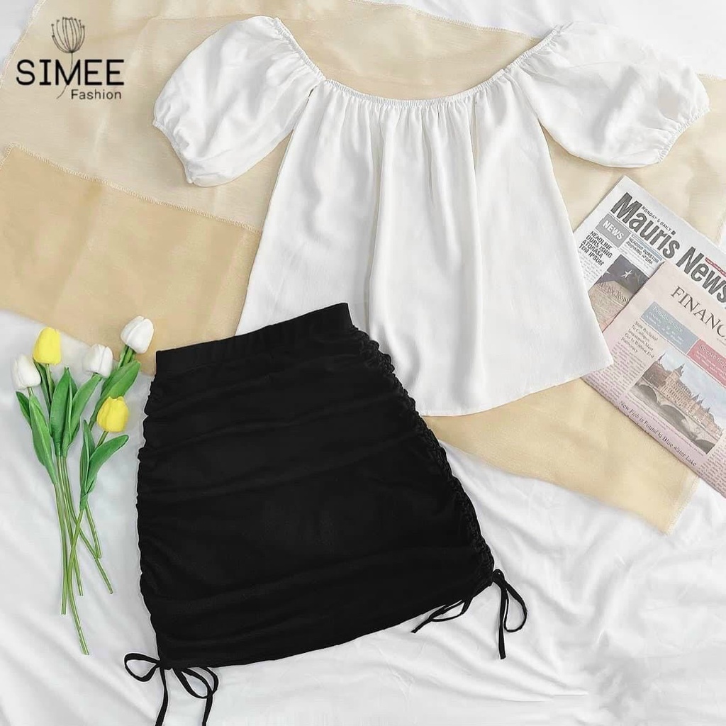 set áo kiểu trễ vai phồng tay mix chân váy rút dây 2 bên