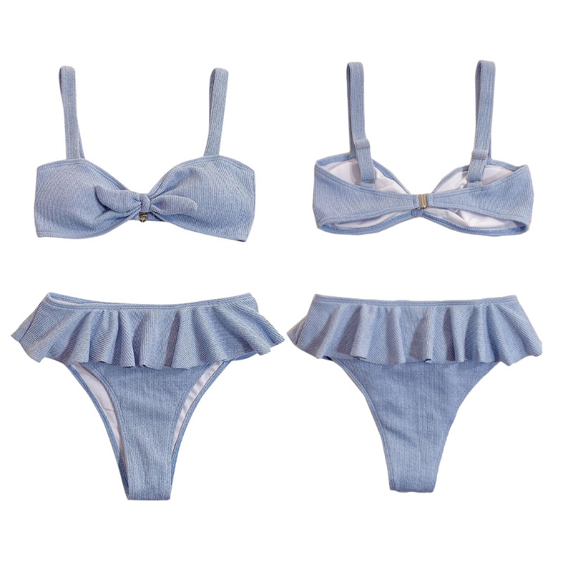 Bộ Đồ Bơi Bikini 2 Mảnh Phối Bèo Lưng Cao Có Gân Và Dây Cột Phía Trước Quyến Rũ Cho Nữ