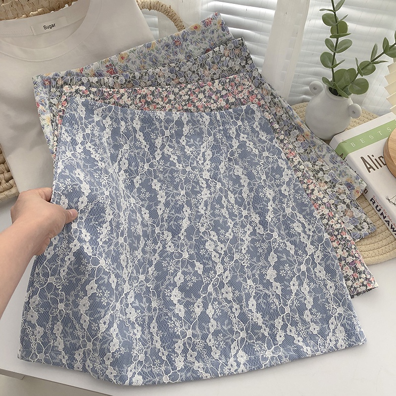 Summer retro lace stitching floral high waist A-line bag hip mini skirt