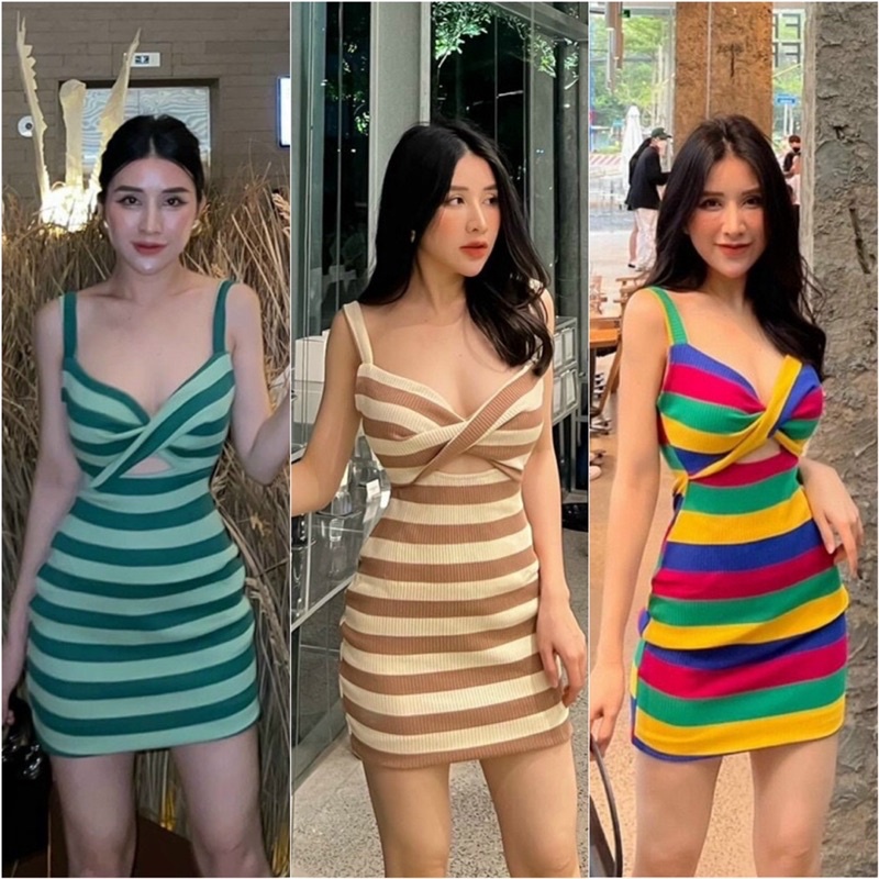 ĐẦM BODY HAI DÂY XOẮN NGỰC HOẠ TIẾT KẺ SỌC SEXY ( có mod )