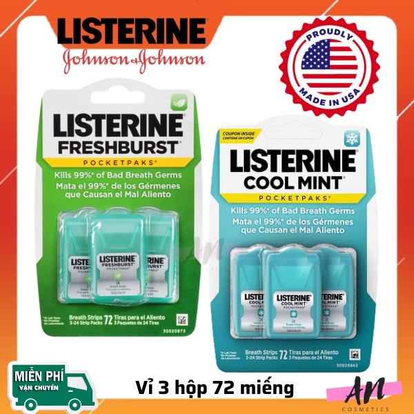 Kẹo ngậm thơm miệng khẩn cấp Listerine Pocketpaks (Miếng ngậm thơm miệng Vĩ 3 hộp x 24 miếng)