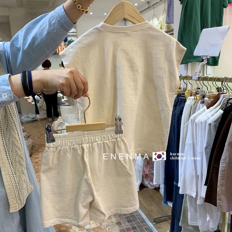 Bộ Áo Thun Tay Ngắn + Quần Short 100% Cotton Thoáng Khí Phong Cách Hàn Quốc Cho Bé