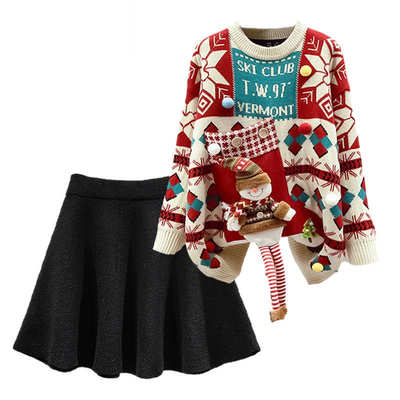 Bộ Áo sweater Cổ Tròn + Chân Váy Dệt Kim Họa Tiết Giáng Sinh Thời Trang Thu Đông Mới 2021