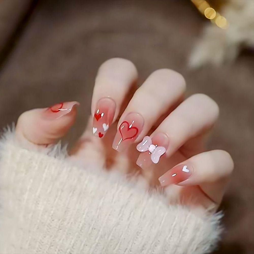 Bộ 24 Móng Tay Giả Trái Tim Nơ Bao Phủ Toàn Diện