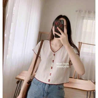 Áo croptop thun tăm cúc cài cổ V nữ- phông thun trơn cổ tim tay ngắn chạy viền bánh bèo hàng loại 1