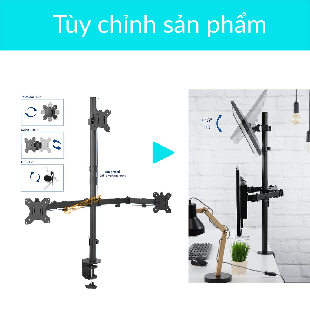 Giá Treo 3 Màn Hình M053 Cao Cấp 17-27 Inch / Tải Trọng 8Kg - Trụ 80Cm - Lắp Đặt Kẹp Bàn