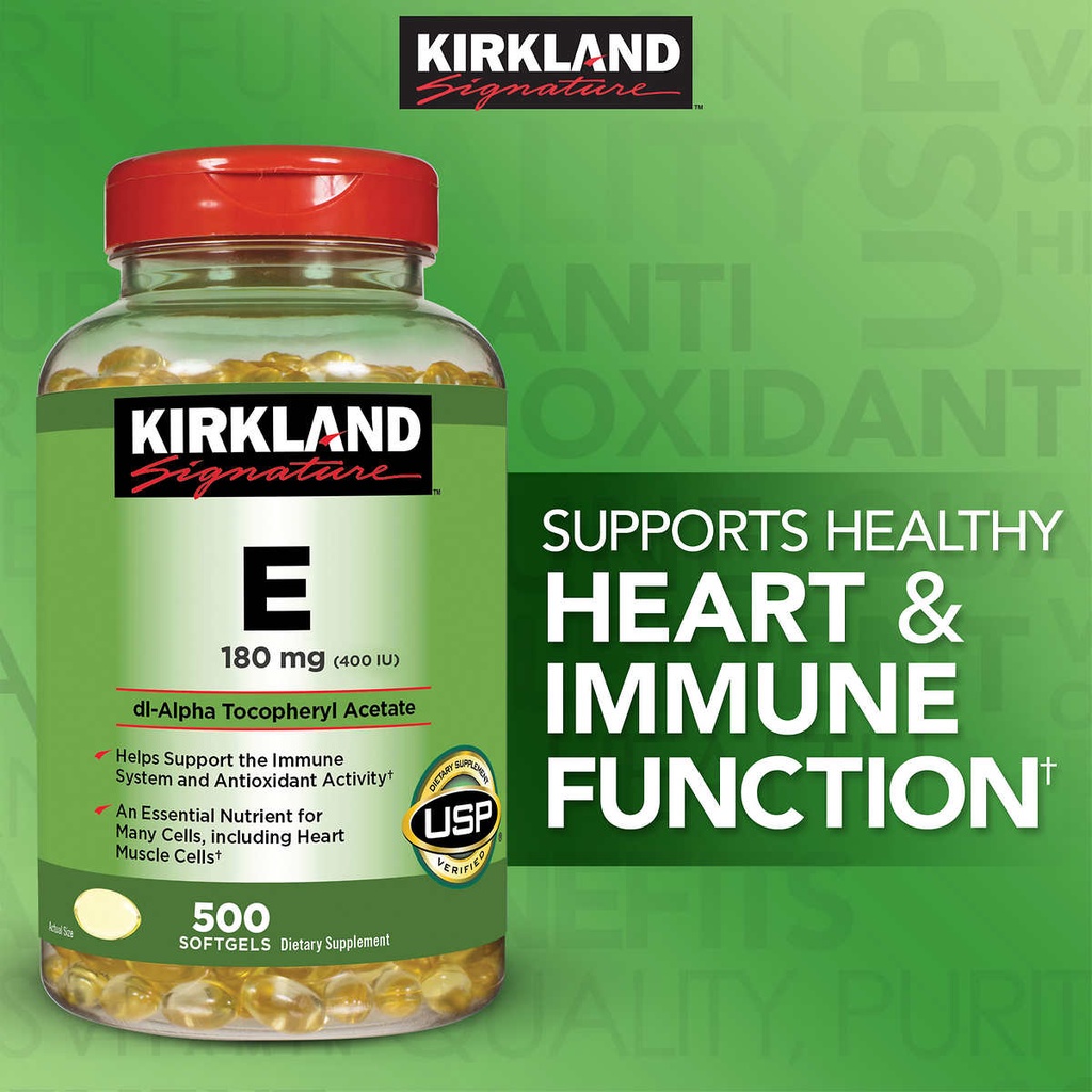 Vitamin E 400 IU 180mg 500 viên Kirkland Signature Mỹ, Viên uống đẹp da, chống lão hóa, giảm nhồi máu cơ tim đột quỵ