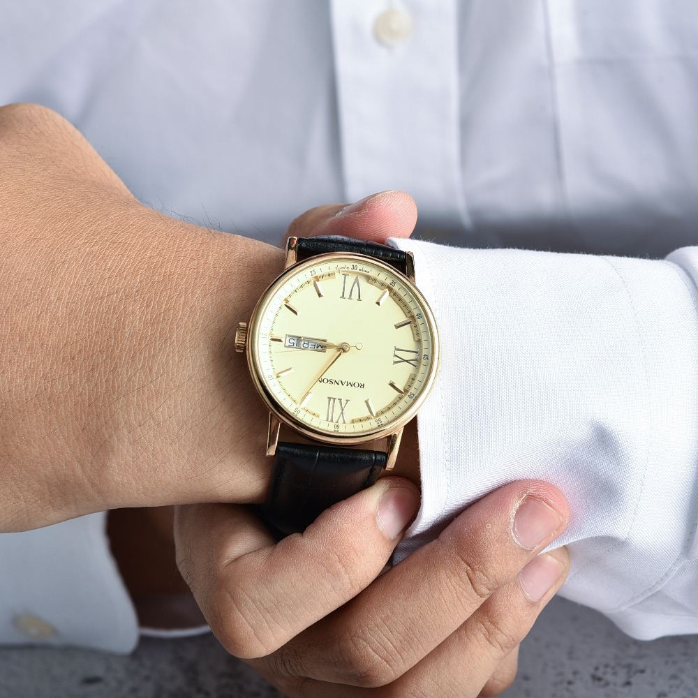 Đồng hồ Romanson Men Watch TL1275MGGD nam mặt mỏng kính chống xước máy Thụy Sĩ dây da cao cấp chính hãng