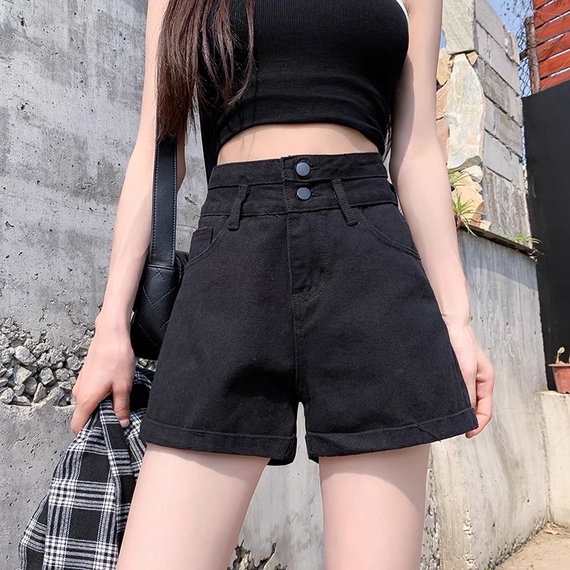 Quần Short Jean Cạp Cao Gập Gấu Cá Tính_Q1