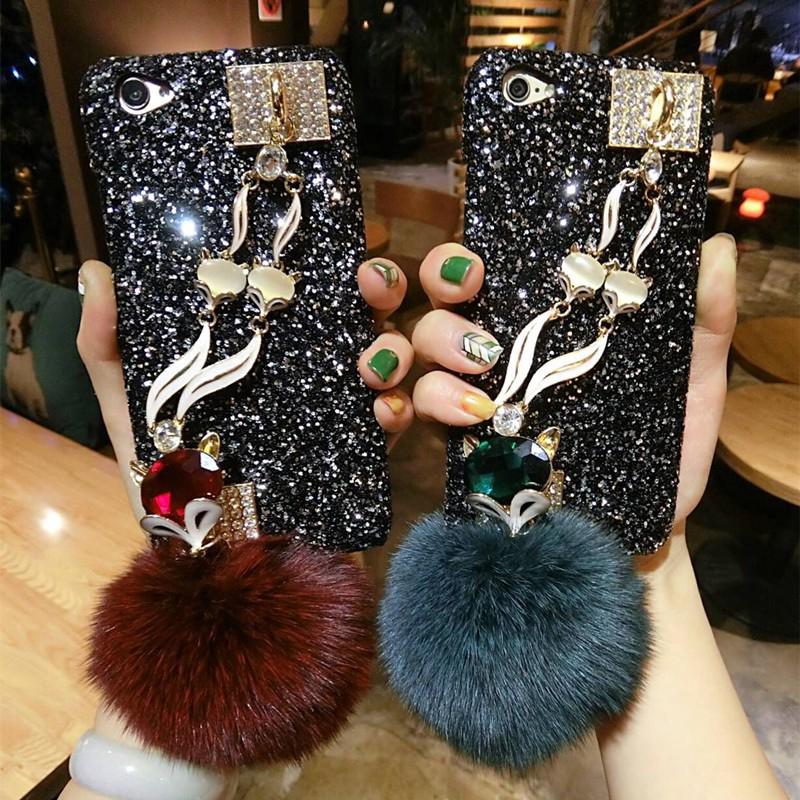 Ốp Điện Thoại Hình Chú Cáo Đính Quả Bông Pha Lê Cho iphone 15 14 13 12 11 pro max 6 6s 7 8 plus x xs max xr 12