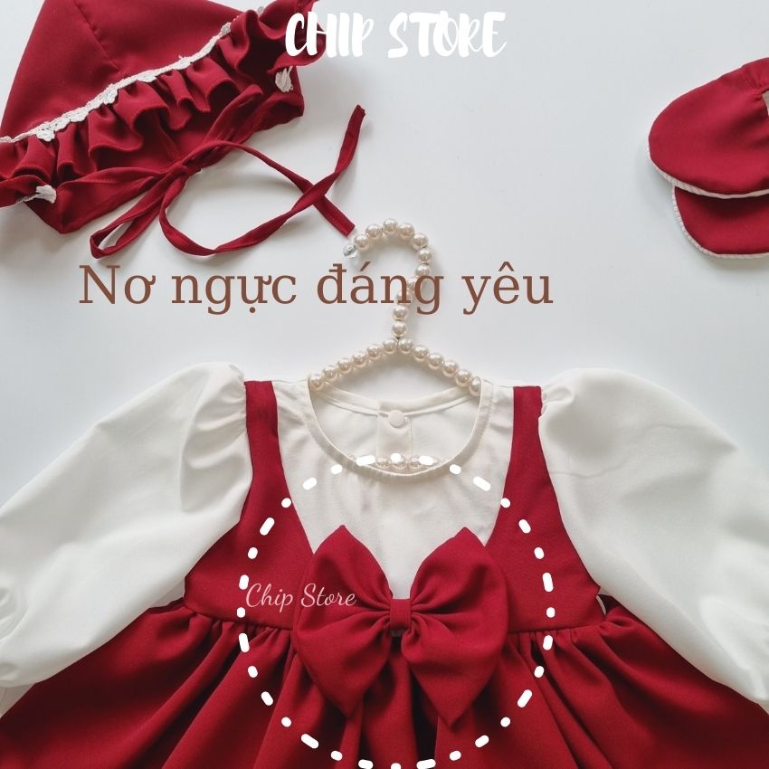 Váy bé gái sơ sinh CHIP STORE Body yếm đỏ mận cho bé mặc đầy tháng thôi nôi xinh xắn - Ảnh thật tự chụp