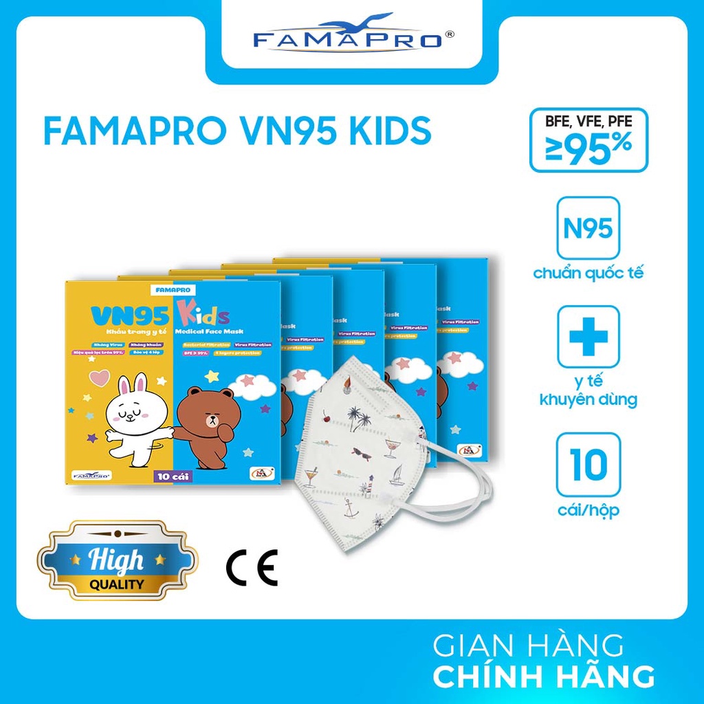 [COMBO 5 hộp] VN95 Kids Trẻ em từ 4-8 tuổi Khẩu trang y tế kháng khuẩn 4 lớp 10 cái/ hộp