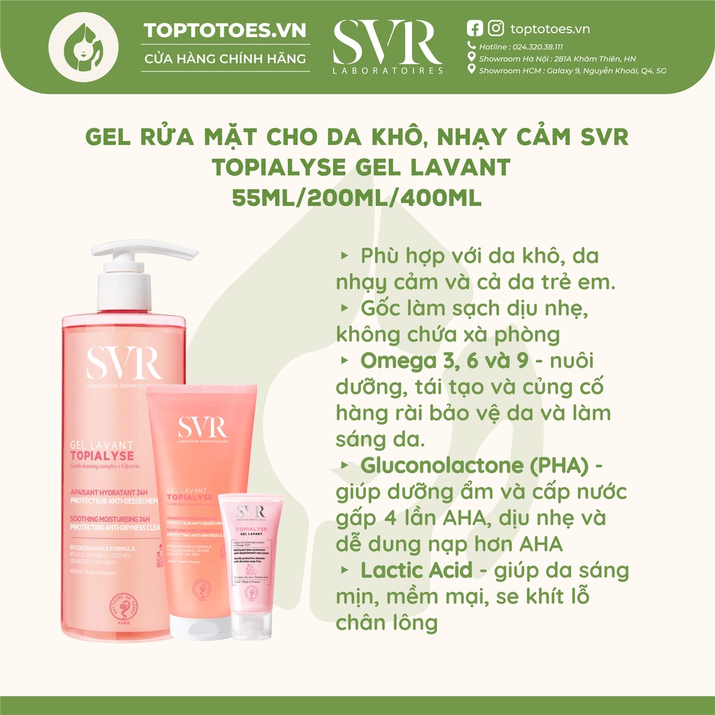 Gel rửa mặt cho da khô nhạy cảm SVR Topialyse Gel Lavant 55ml/ 200ml/ 400ml [NHẬP KHẨU CHÍNH HÃNG 100%]