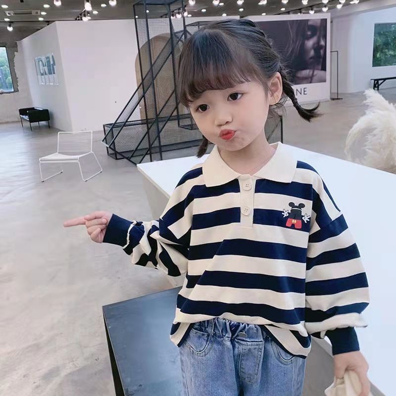 [Babycat] Hàng Có Sẵn Áo Thun polo Tay Dài Kẻ Sọc Phong Cách Nhật Bản Hàn Quốc Cho Bé Gái
