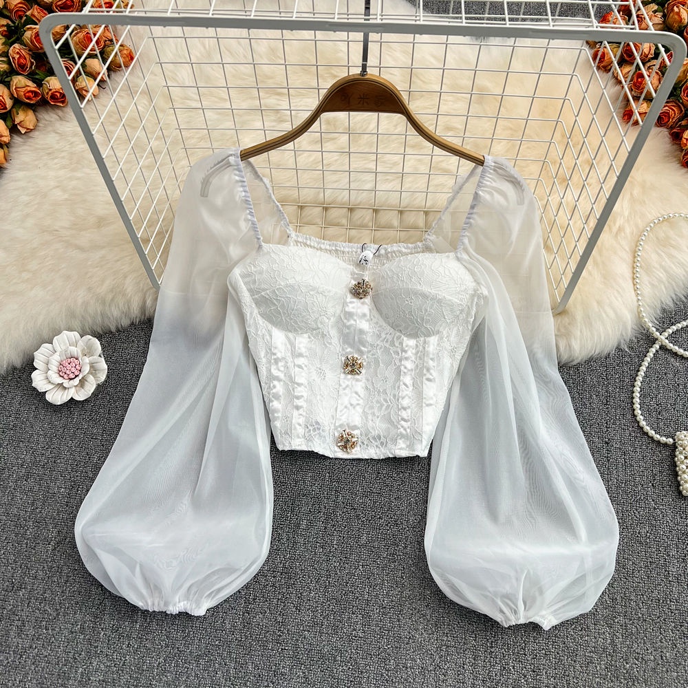 Áo Croptop Cổ Vuông Phối Lưới Kiểu Vintage Pháp Thời Trang Mùa Hè Cho Nữ