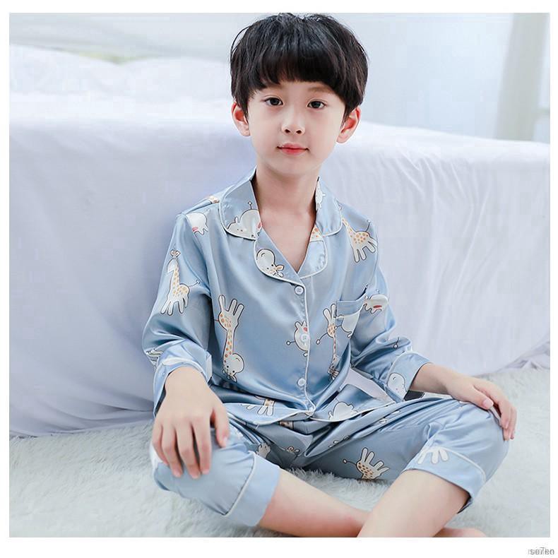 ruiaike  Baby Kids Girls Boys Cartoon Sleepwear Set Long Sleeve Silk Satin Button Blouse Tops + Pants Pajamas