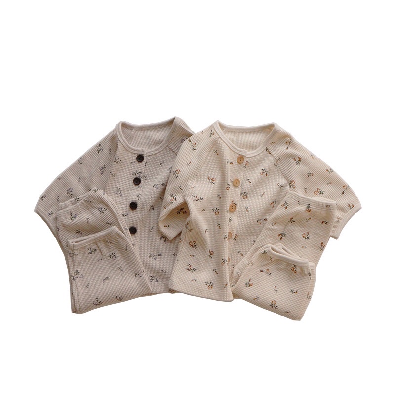 Thu Đông Bộ Dài Tay Cho Bé Trai Bé Gái Waffle🌺Hot Nhất🌺 Quần Áo Đồ Ngủ Dài Tay Cho Bé Trai Gái Style Hàn Quốc