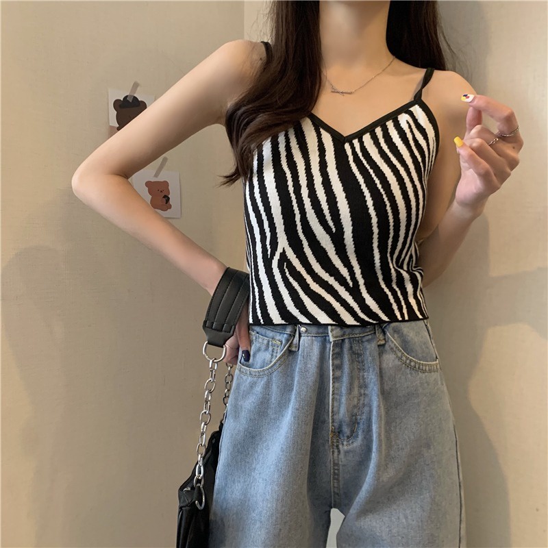 Áo Hai Dây Dệt Kim Họa Tiết Ngựa Vằn / Ngựa Vằn Cá Tính Thời Trang